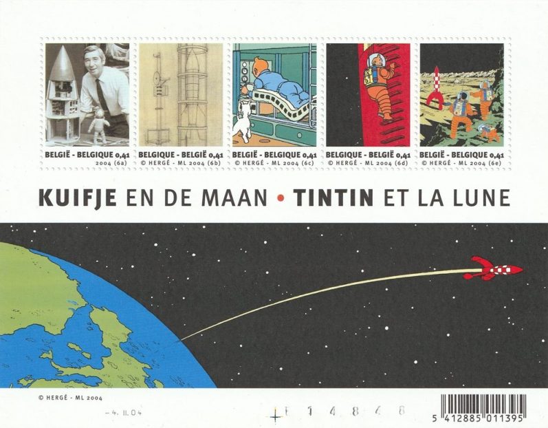 Briefmarkenblock mit Bildern von Hergé, Tim und Struppi